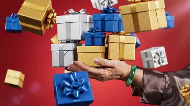 Gifts falling into outstretched hand of elderly woman with jade bracelet on red background, gift box giving concept