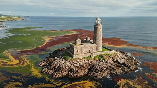 Dramatic aerial view of a historic lighthouse on a small island surrounded by colorful algae blooms in the ocean