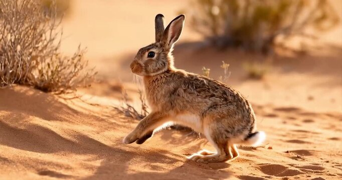 Desert hare walking in natural habitat with sandy ground