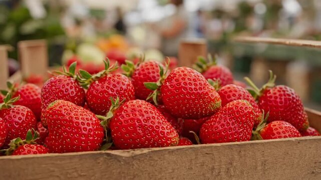 Close Up of Freshly Harvested Ripe Red Organic Strawberries in a Rustic Wooden Crate at a Local Farmers Market with Blurred Background of People Shopping.