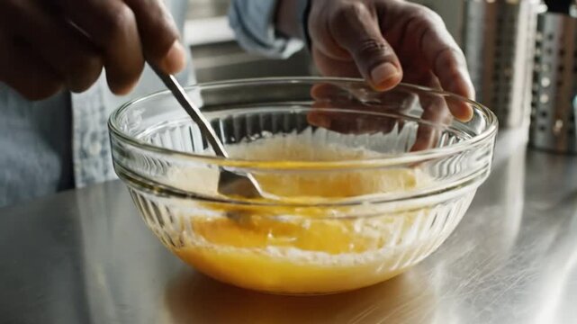 Chef whipping fresh eggs in a clear glass bowl on a stainless steel countertop for cooking a meal