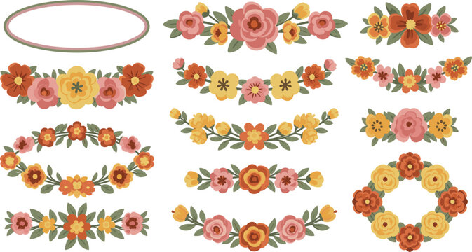 Collection of warm autumn floral wreaths and symmetrical flower dividers in a flat vector style featuring roses and blossoms for rustic fall wedding invitations.