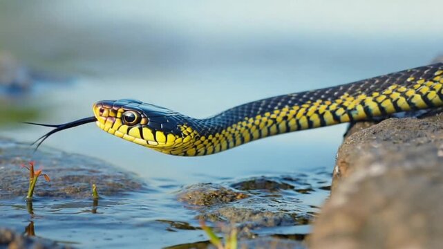 Vibrant yellow and black snake slithering through water with tongue out