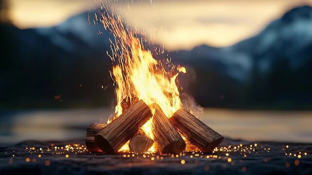 Warm Campfire with Flying Sparks in a Serene Mountain Landscape at Dusk
