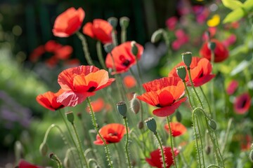 Naklejka premium Beautiful red poppies blooming in a summer meadow under the sunlight, creating a vibrant and colorful scene