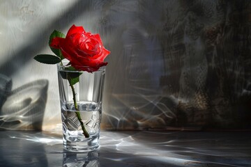 Single red rose with water drops in a glass on a table, creating a romantic and delicate still life with light and shadow