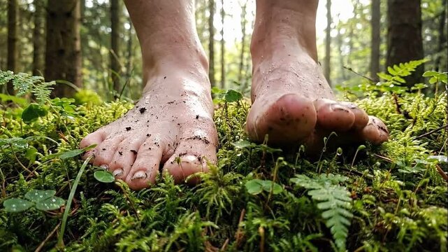 Low angle view of muddy bare feet standing on mossy forest ground. Grounding and earthing in nature. Wilderness lifestyle
