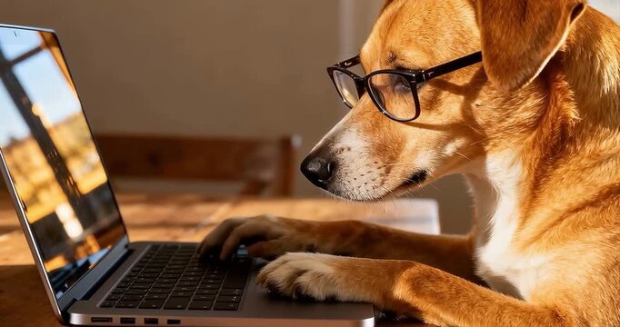 Dog wearing glasses using a laptop computer at a table