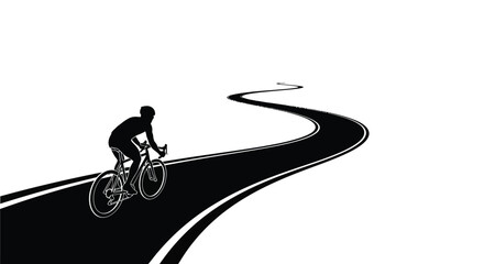 Cyclist riding on winding road perspective silhouette vector