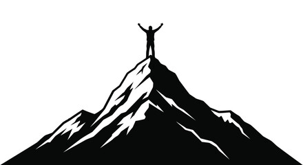 Winner standing on mountain peak with arms raised silhouette