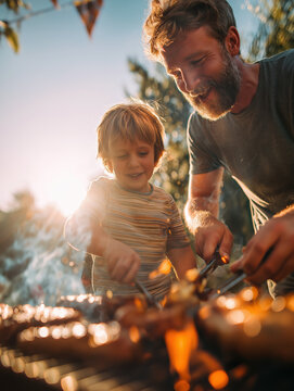 Father and son cooking together on a barbecue at sunset. Warm family bonding moment outdoors