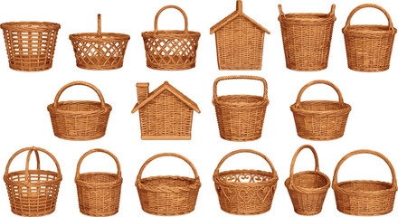 Comprehensive collection of brown wicker basket vector illustrations in various shapes including round oval and house styles isolated on white background for rustic picnic garden storage design