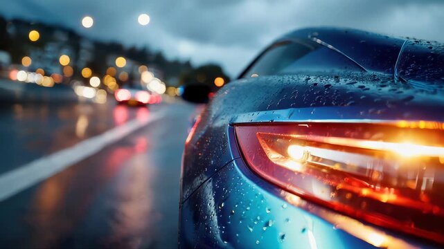 Rear taillight of a blue car on a rainy highway at dusk, with glowing bokeh city lights and wet road reflections creating a cinematic mood