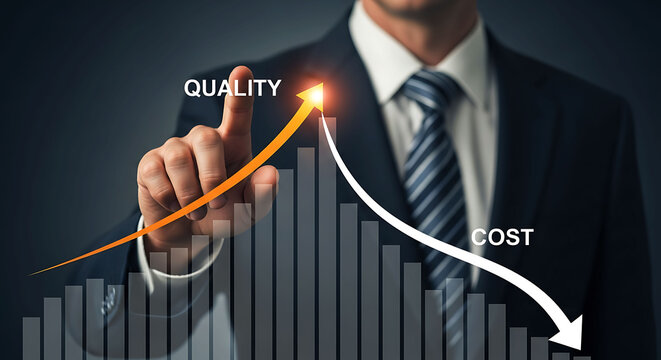 Business Man Showing Increasing Quality Graph and Decreasing Cost Chart