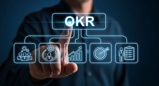 Businessman pointing to OKR framework for goal setting and performance