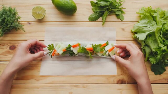 Hands preparing a fresh vegetable spring roll on parchment paper