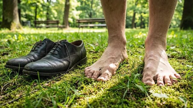Close-up of bare feet on grass next to black business shoes in a park. Businessman taking a break to connect with nature. Work-life balance concept