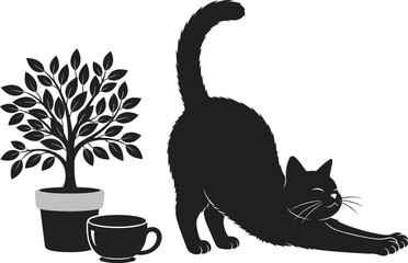 Black cat stretching next to houseplant and coffee cup