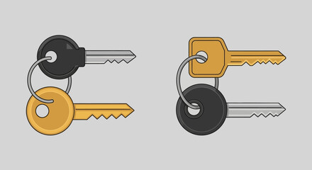 Simple illustration featuring two keychains with black and gold metal keys against gray