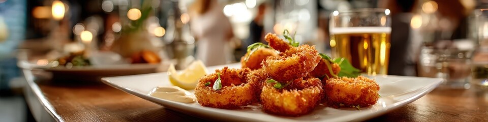 Fried calamari rings serving as gourmet restaurant appetizer