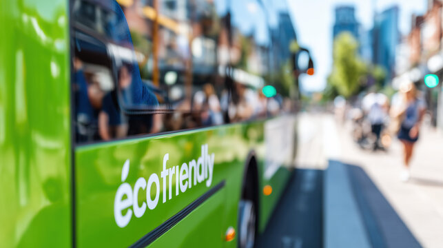  Green public transport bus in a modern city with people and traffic blur. Smart city mobility and sustainable urban lifestyle banner