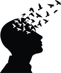 Birds flying out of human head silhouette vector for freedom