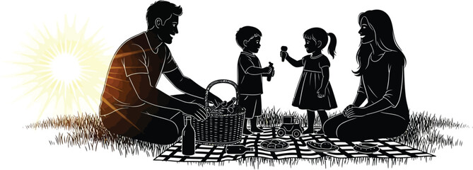 Family having a picnic on grass at sunset silhouette vector