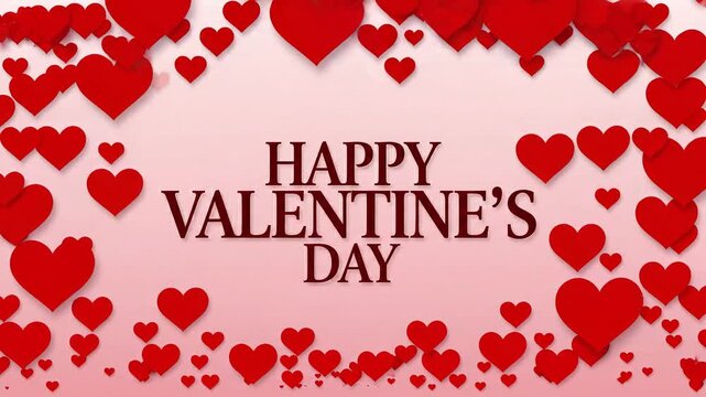 Romantic motion graphics celebrating valentine's text framed by many floating ruby hearts.