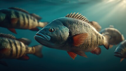 Fototapeta premium School of Fish Swim Together in Deep Blue Ocean Waters Sunlight Above
