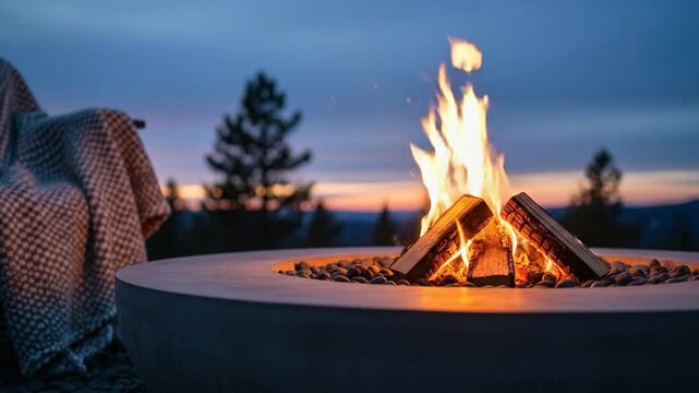 Cozy Minimalist Fire Pit with Burning Logs Under Twilight Sky with Copy Space