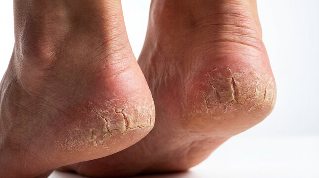 Close-up photo of dry, cracked heels, highlighting common skin issues like fissures and calluses. Focuses on foot health and dermatology