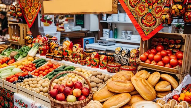 Russian Matryoshka Dolls and Fresh Produce at a Bustling Market Stall
