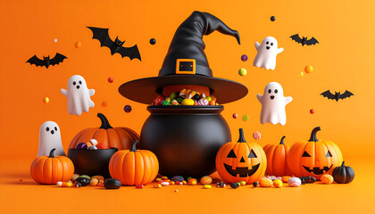 Halloween scene with pumpkins cauldron ghosts bats and witchs hat