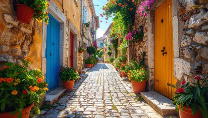 Picturesque european street with colorful doors and flower pots under sunlight