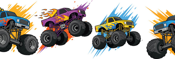 Monster trucks, colorful illustration, racing vehicles, extreme sports art, dynamic design, vibrant automotive artwork, off‑road adventure, children’s entertainment, action concept, digital drawing © Md Shahedul
