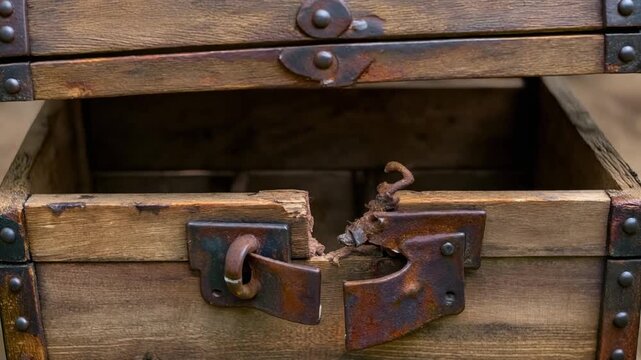 Old Wooden Chest Opening Slowly Revealing Interior.