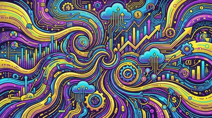 Vibrant Abstract Financial Technology Concept with Growing Data Charts and Cloud Computing Swirls