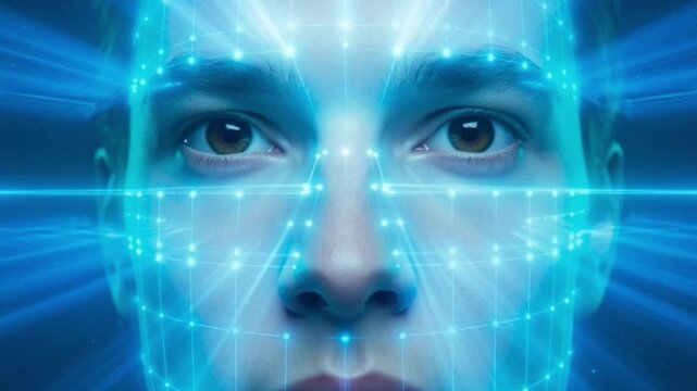A holographic artificial intelligence facial recognition system scanning a human face, digital grids and data points mapping facial features