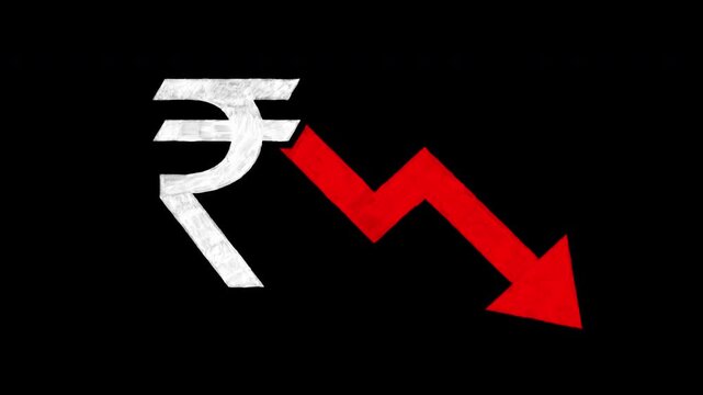 4K Animated Indian Rupee Symbol with Red Descending Arrow on Alpha Transparent Background