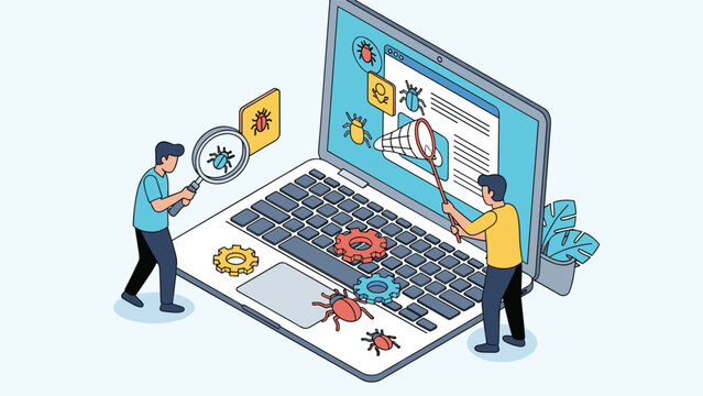 Tiny IT specialists work on a giant laptop computer to find and remove software bugs using a magnifying glass and a net to catch them.