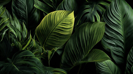 Fototapeta premium A high-resolution, AI-generated close-up featuring deep green tropical leaves. The foliage displays a striking symmetrical pattern with crisp, white parallel veins and creating a lush.