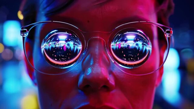 4K close-up human face, eyes replaced by rotating crystal-clear glass spheres reflecting abstract neon city lights, rainy streets, glowing reflections, surreal, cinematic, bokeh, subtle floating dust