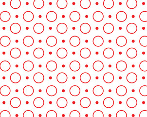 Seamless vector illustration featuring a red polka dot design with round circle and heart shapes in a vintage wallpaper style for a decorative seamless pattern backdrop