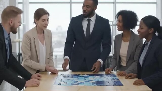 Diverse business team collaborating on a puzzle, symbolizing teamwork and strategy