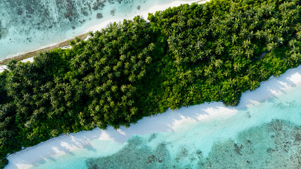 Fototapeta premium Aerial view of the tropical island beach in Maldives scene
