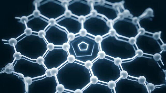 Graphene Nano Structure Animation on Black Background Showing Molecular Bonds and Pentagonal Pattern in Blue Light