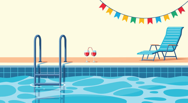 Relaxing summer scene features a blue swimming pool with a lounge chair, two glasses of red wine, and a festive colorful banner.