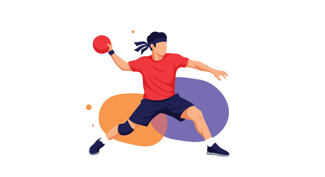 Active male player is poised to throw a red ball in a game of dodgeball with abstract colorful shapes and dots in the background.