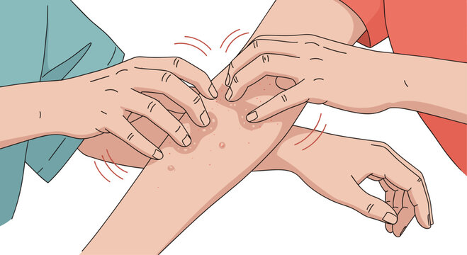 Medical illustration showing multiple hands scratching an itchy skin rash or allergic reaction on a person's forearm.