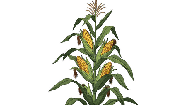 Tall corn plant with green leaves and four ripe ears of yellow corn with silk husks isolated on a white background.